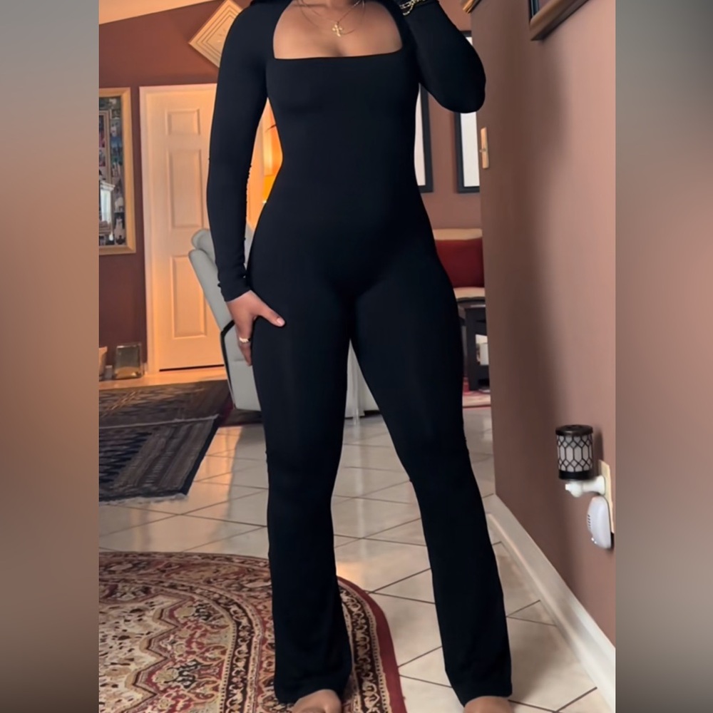qinsen jumpsuit flare leggings square neck long sleeve